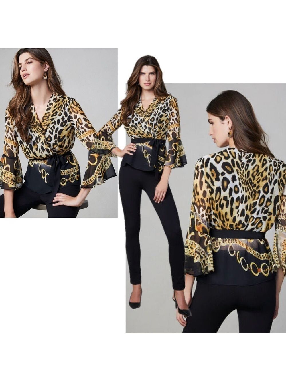 FRANK LYMAN LEOPARD CHEETAH CHAIN PRINT CHIFFON WRAP BLOUSE Sz 14